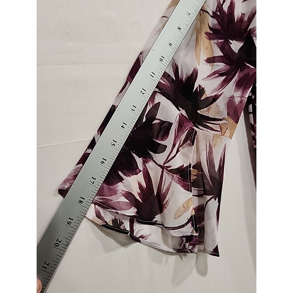 Calvin Klein Blouse Womens L Purple Floral Sheer Slip-in 3/4‎ Sleeve Tropical - Picture 7 of 10